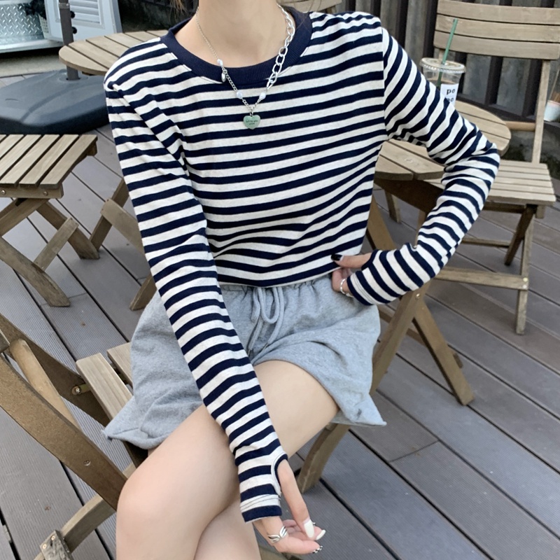 IELGY Áo Thun Tay Dài Họa Tiết Kẻ Sọc Phong Cách Hàn Quốc Cho Nữ