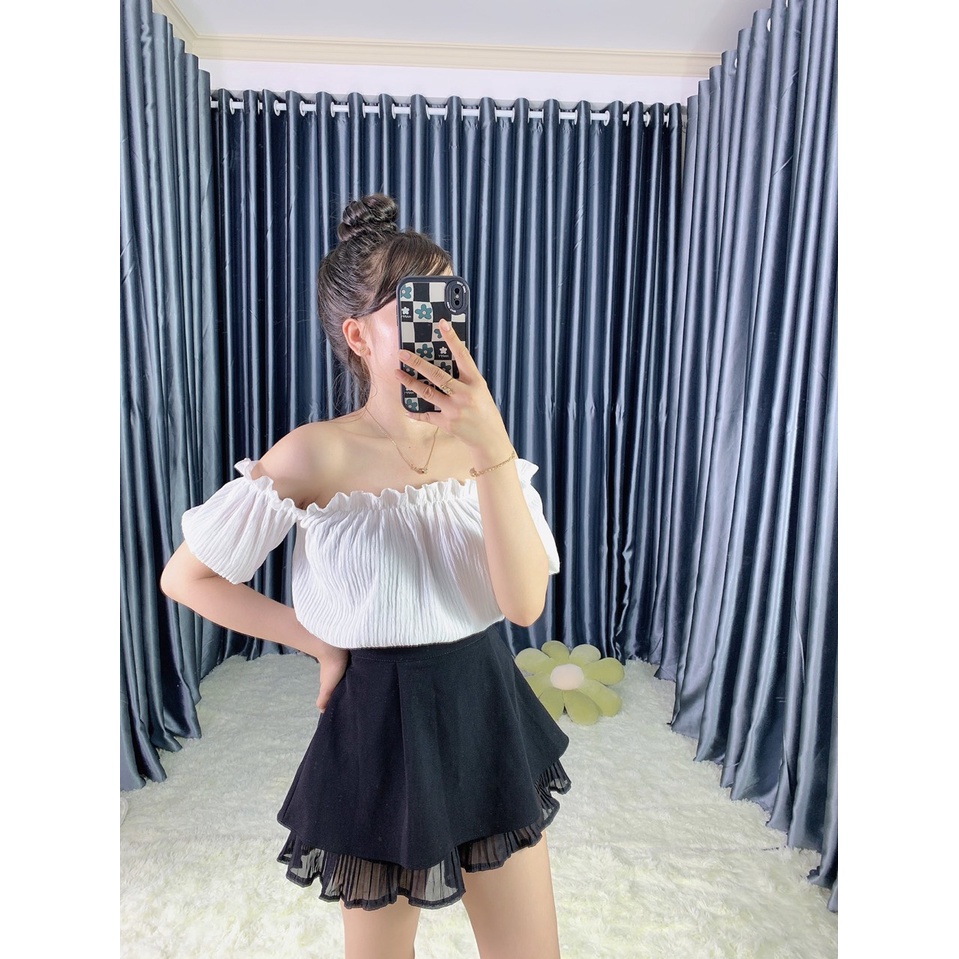 Áo kiểu bẹt vai xốp viền bèo croptop cực xinh , chất xốp mềm mịn