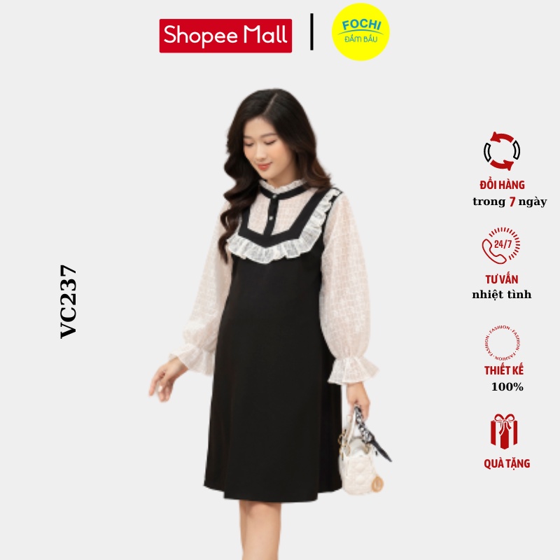 Váy Đũi Bầu Công Sở Phối Ren Thêu Bèo Ngực FOCHI VC237