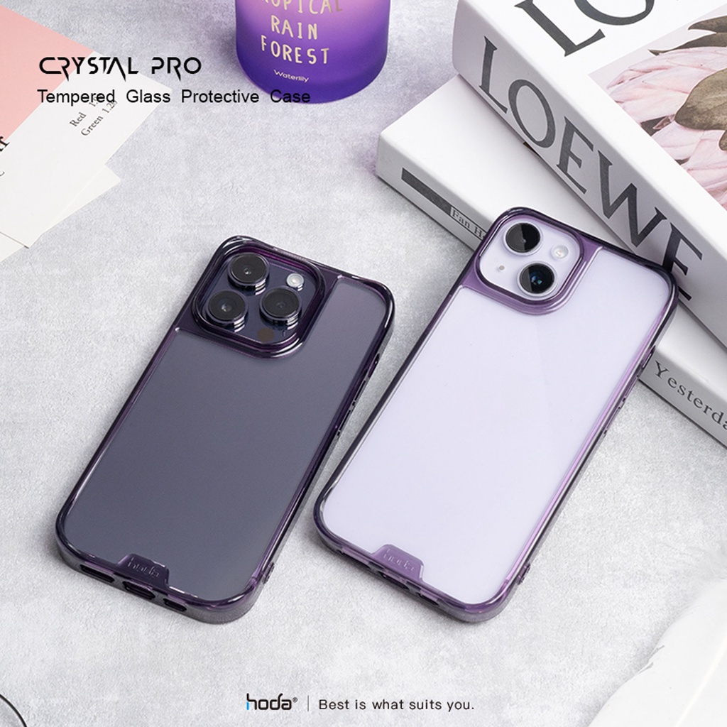 Ốp Hoda Crystal Pro Glass Viền Dẻo Chống Sốc 5M Kháng Khuẩn, Không Ố Vàng iP 15Pro/ 15promax/ 15Plus/ 14Pro/ 14 ProMax