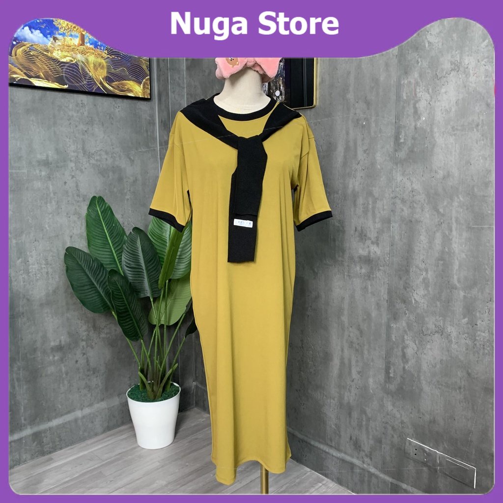 Đầm thun trơn dáng dài kèm khăn len mỏng, đầm bầu suông cổ tròn form rộng VK159