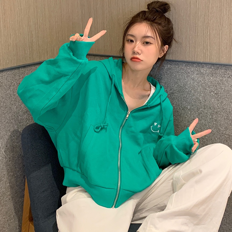 Áo khoác hoodie thể thao SUXI tay dài dáng rộng thêu họa tiết xinh xắn dễ phối đồ thời trang xuân thu cho nữ