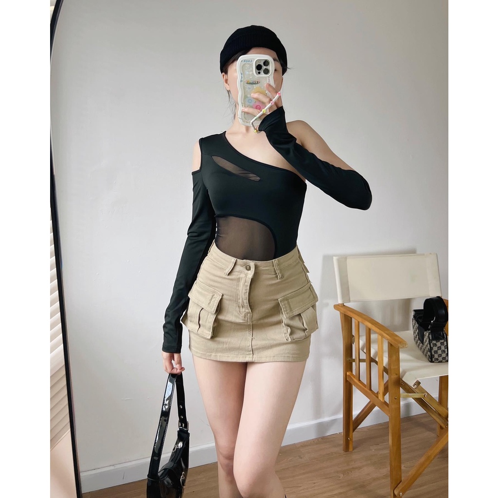 Bodysuits tay dài 1 vai bẹt lưới ĐEN