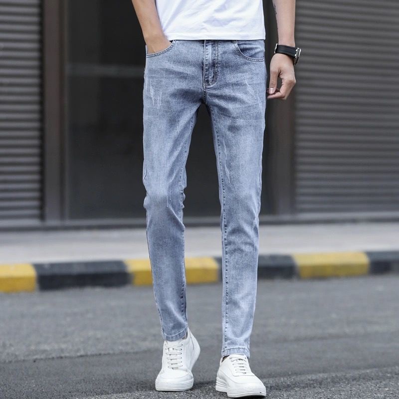 Quần Jean Rách Màu Đen Dáng Ôm Co Giãn Phong Cách Hàn Quốc Cho Thanh Thiếu Niên