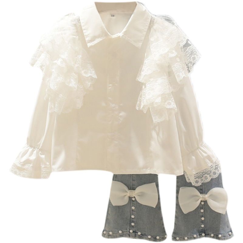 Bộ Áo Ren + Quần Jean Thời Trang Mùa Thu 2022 Mới Mẻ Cho Bé Gái