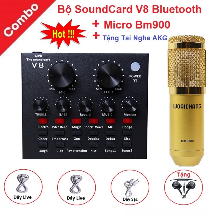 Bộ Soundcard V8 Bluetooth Micro Bm 900, Tặng Tai Nghe AKG-S10, Hát  Karaoke Livetream - Có AutoTune - Chuẩn Phòng Thu