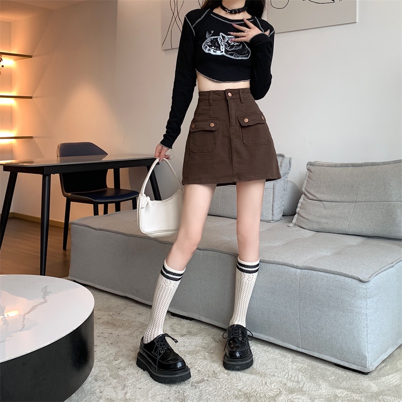 Chân váy jean ngắn chữ A lưng cao màu nâu thời trang mới cao cấp cho nữ