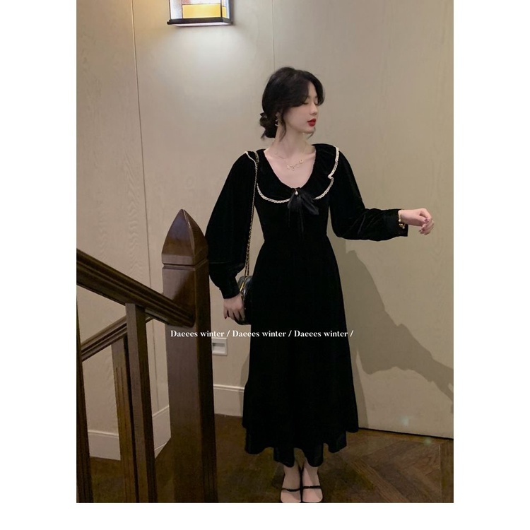 2023 Đầm midi Đen Tay Dài Phong Cách Retro Thanh Lịch Cho Nữ