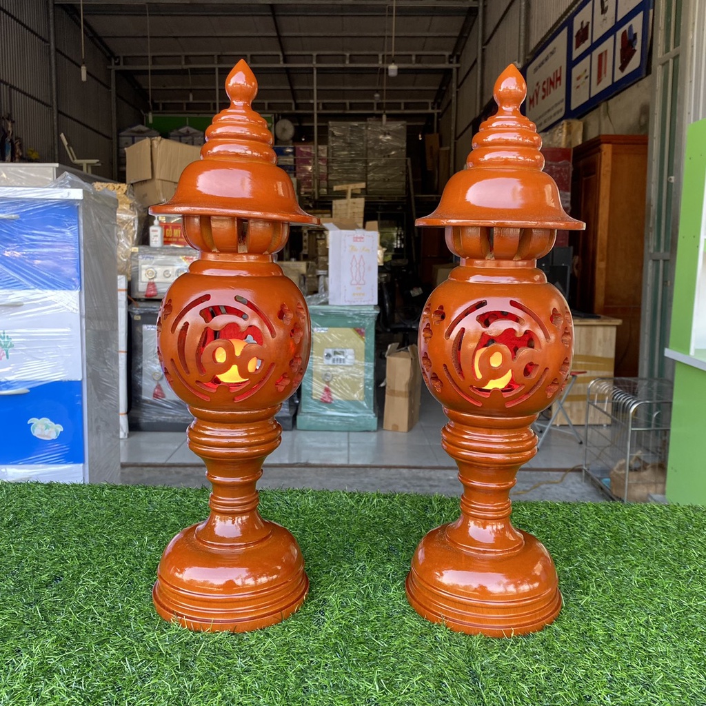 Cặp đèn phòng thờ tổ ong màu cánh dán gỗ hương đỏ để bàn tủ, Đồ thờ cúng phong thuỷ gia đình Mỹ Sinh cao cấp