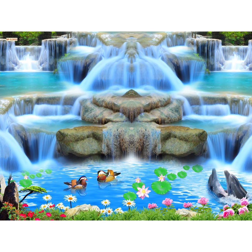 Tranh thác nước thiên nhiên đầm sen, thác nước hùng vĩ khổ lớn, không giới hạn kích thứơc
