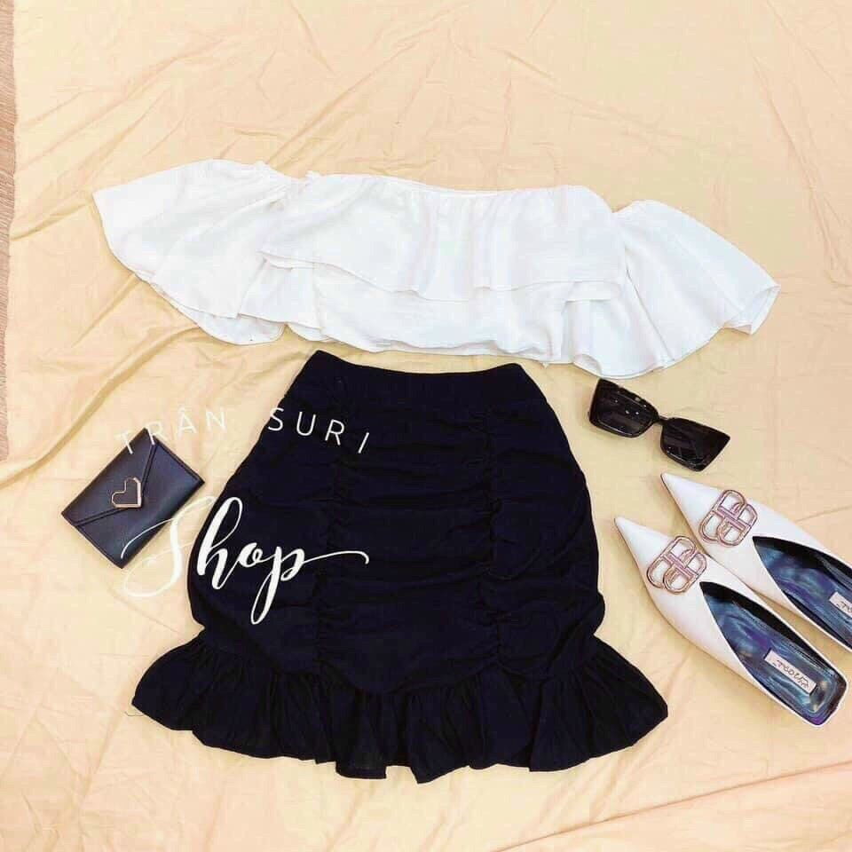 [11.11 Sale Freeship] Set đồ nữ áo croptop trễ vai mix chân váy đuôi cá nhún cạp bánh bèo tiểu thư đi chơi dạo phố mtb