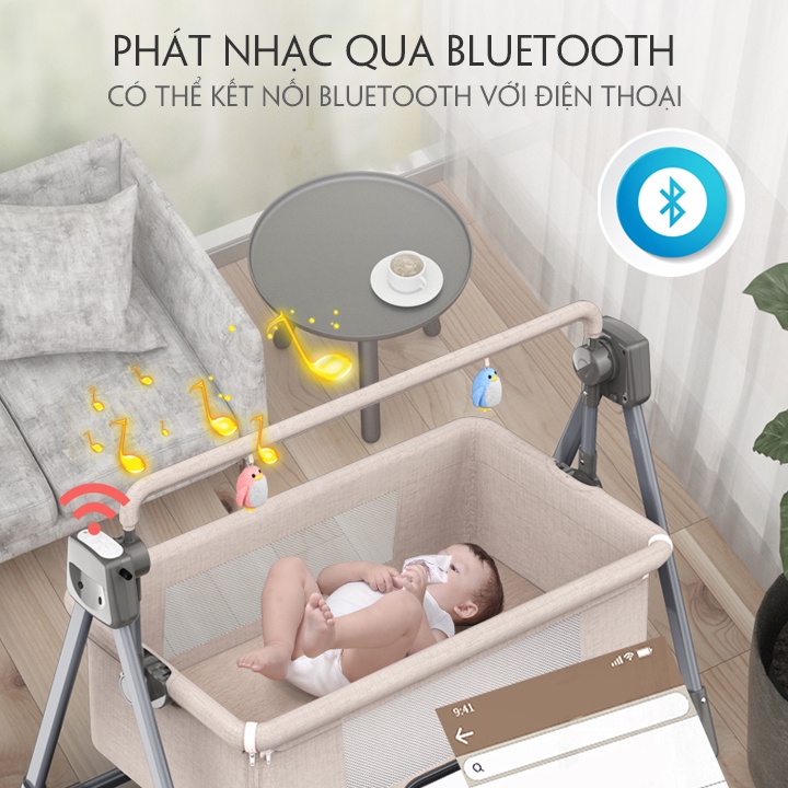 Nôi điện cho bé, Nôi điện đưa tự động, Có kết nối bluetooth kích thước 106*62*80cm