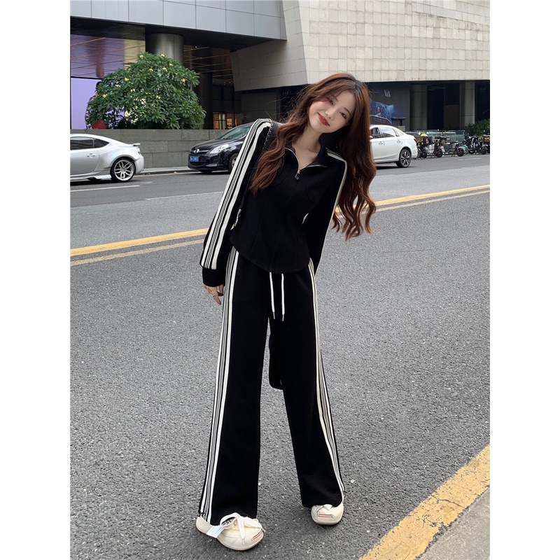 Quần ống rộng nữ sọc viền Hàn Quốc chất thun cao cấp, Quần thun nữ cạp cao phong cách thể thao Okélla
