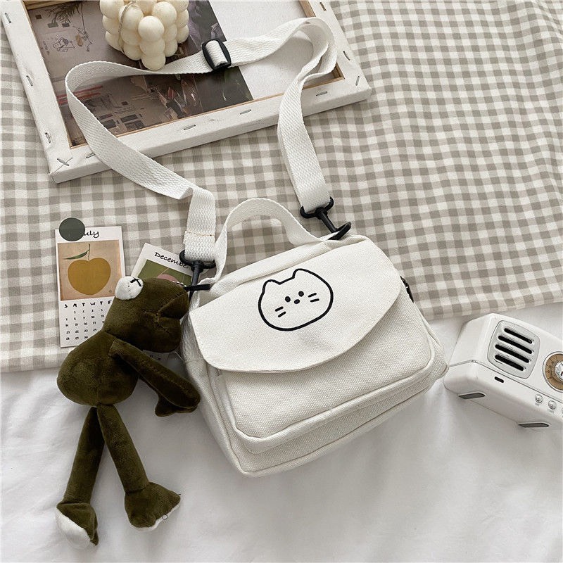 Túi đeo chéo mini hoạ tiết mèo dễ thương dáng vuông chất liệu canvas Phong Cách Hàn Quốc Thời Trang Cho Nữ