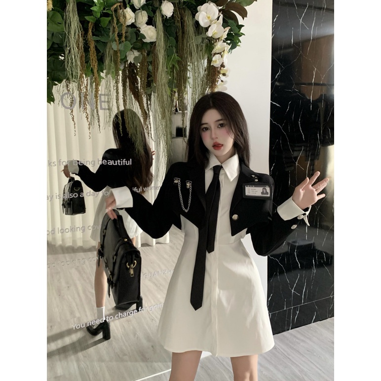 Set Áo Khoác Ngắn + Đầm Sơ Mi Nhiều Màu Sắc Phong Cách Preppy