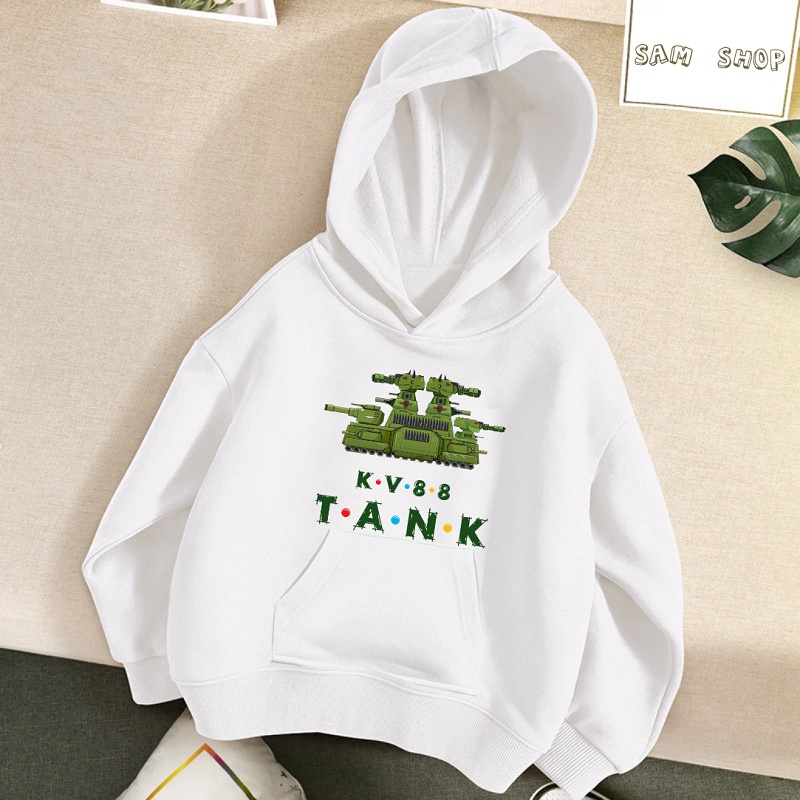 Áo Hoodie in hình xe Tăng đại chiến màu trắng cực chất cho bé