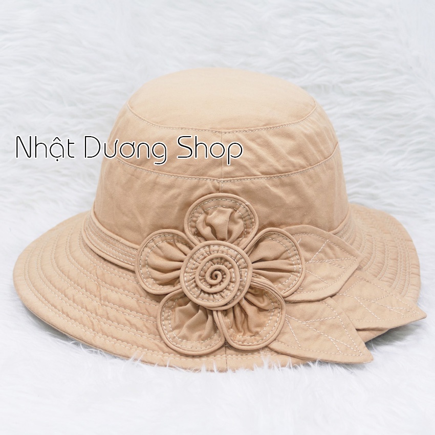 Mũ Bo vành rộng 7cm ,nón tai bèo vành rộng gắn hoa và lá- Chất liệu cotton cao cấp phù hợp cho các bạn nữ.