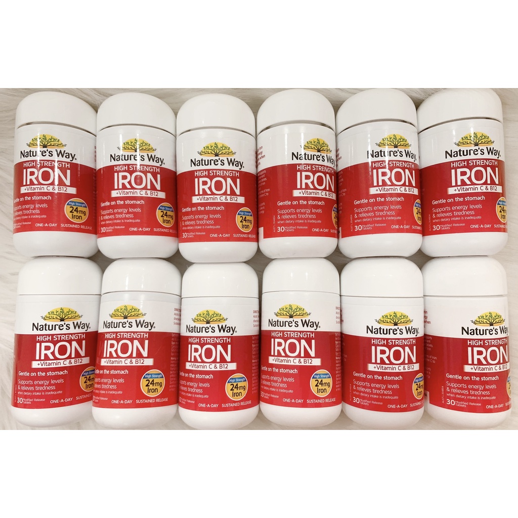 Viên Uống Bổ Sung Sắt Hàm Lượng Cao Kết Hợp Vitamin C & B12 Nature's Way High Strength Iron + Vitamin C & B12