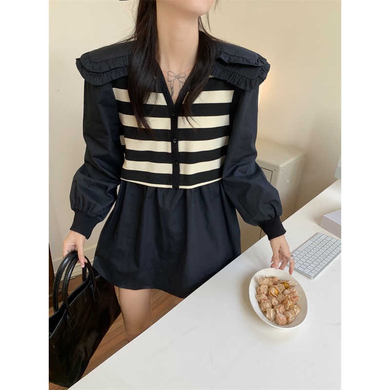 Áo Sơ Mi Dài Tay Hai Lớp Cổ Búp Bê Họa Tiết Kẻ Sọc Thời Trang Hàn Quốc Kiểu Mới Dành Cho Bạn Nữ