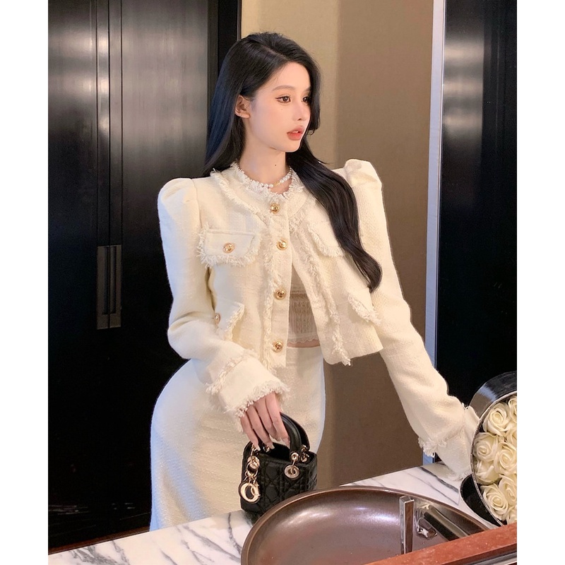 Set dạ tweed áo croptop + chân váy dài phong cách sáng trọng dành cho nữ