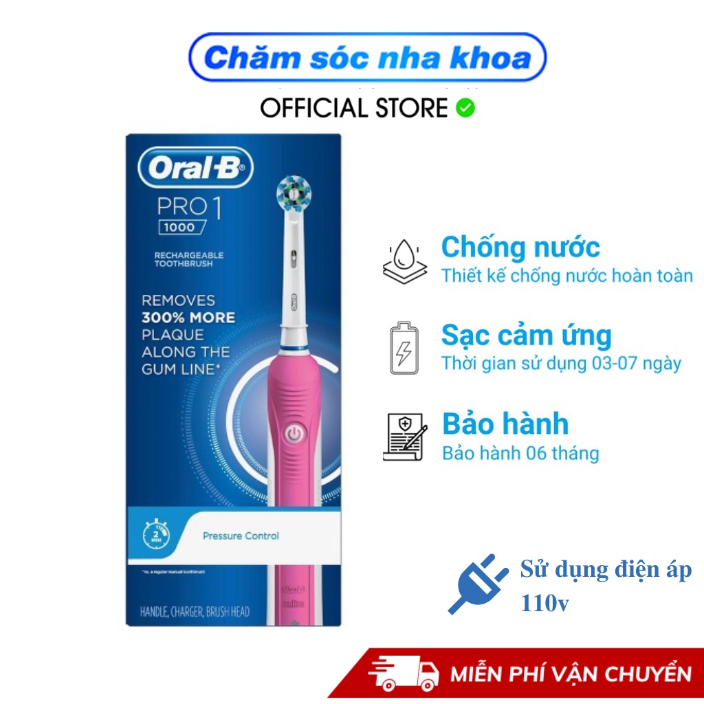 Bàn chải đánh răng điện tự động Oral B Pro 1000 màu hồng làm sạch răng, hạn chế viêm nướu, cho răng niềng