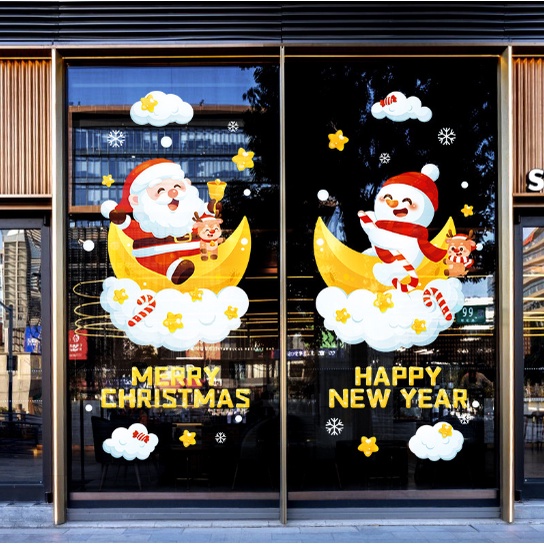 Decal trang trí Noel - Ông già Noel và người tuyết cưỡi trăng mây