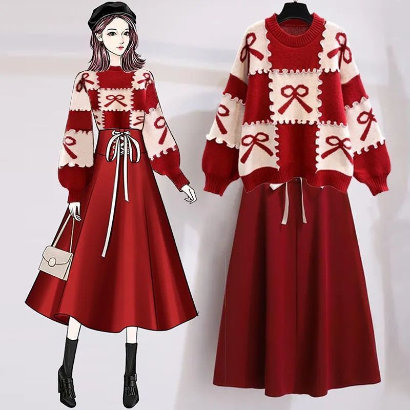 Set Áo Sweater Phối Chân Váy Dệt Kim Dáng Rộng Thời Trang Mùa Thu 2022 Plus Size Cho Nữ