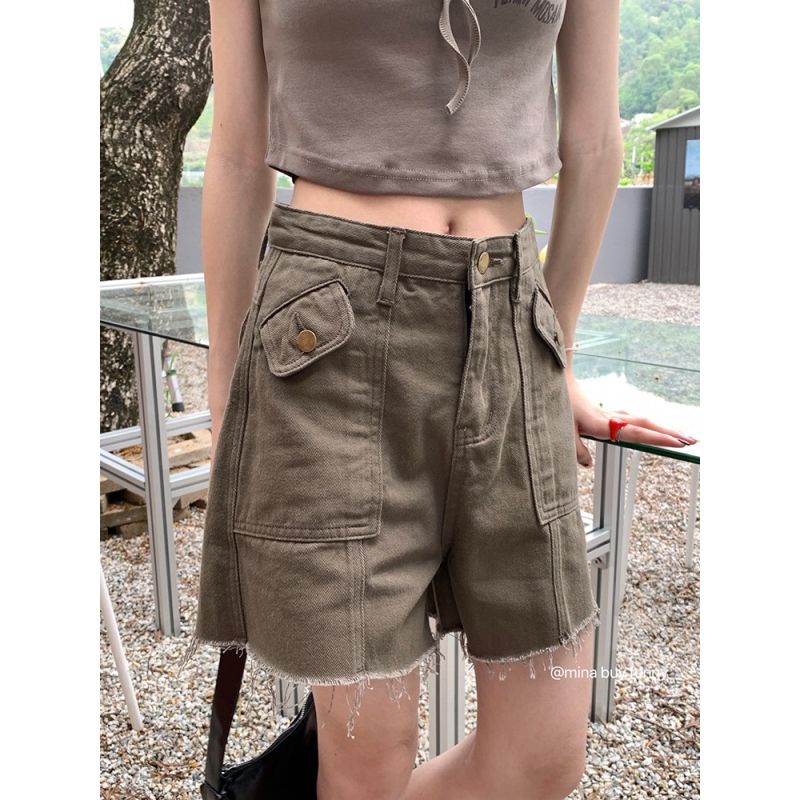 Jiashucheng Quần Yếm Denim Ngắn Dáng Suông Rộng Eo Cao Phong Cách Retro Mỹ Mùa Hè Dành Cho Nữ