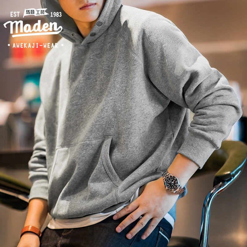 MADEN Áo Khoác Hoodie Chui Đầu Tay Raglan Phủ Lông Màu Xám Đậm Thương Hiệu Maden Kiểu Mỹ Thời Trang Mùa Thu Cho Nam