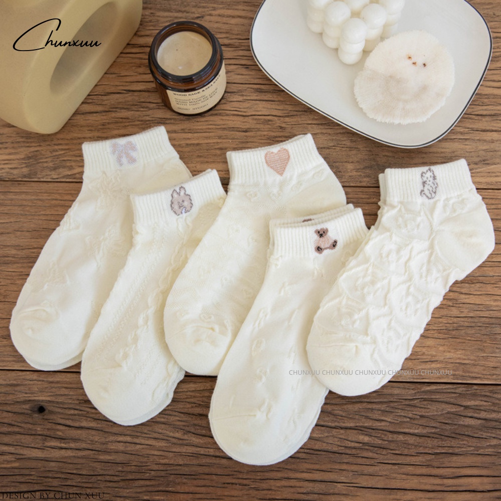 Tất nữ cổ ngắn Xuu vải cotton co dãn phối họa tiết dập nổi cao cấp - T13