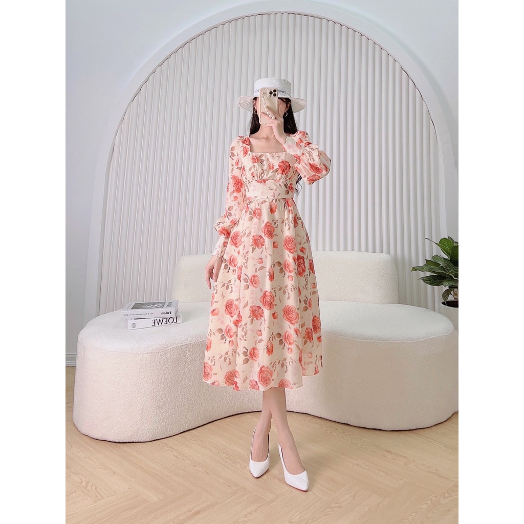 D163 VÁY HOA CAM DÀI TAY