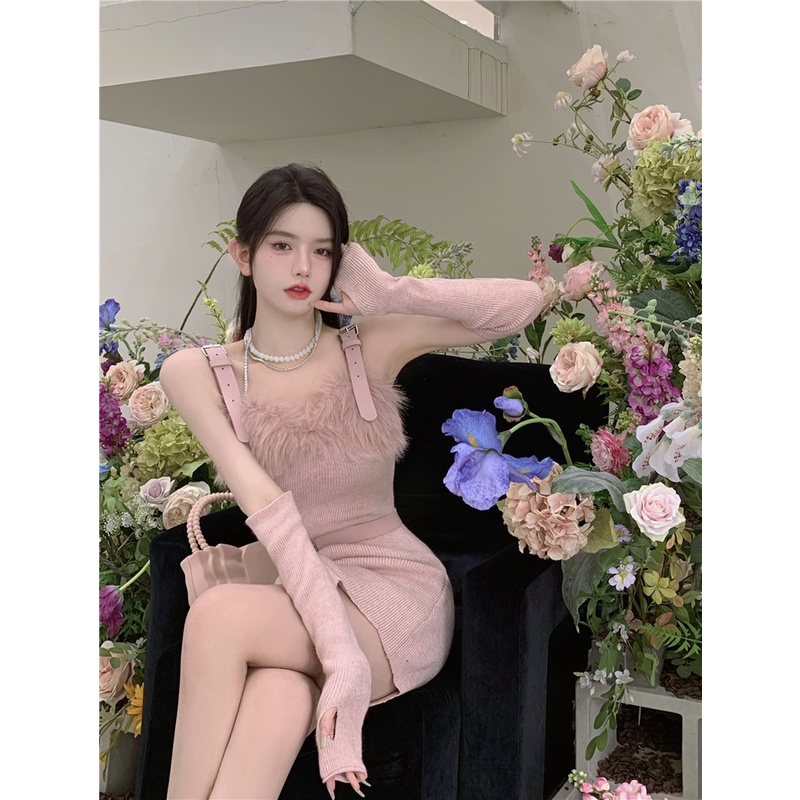 Đầm Dệt Kim Hai Dây Phối Lông Thời Trang Thu Đông 2022 Cho Bé Gái