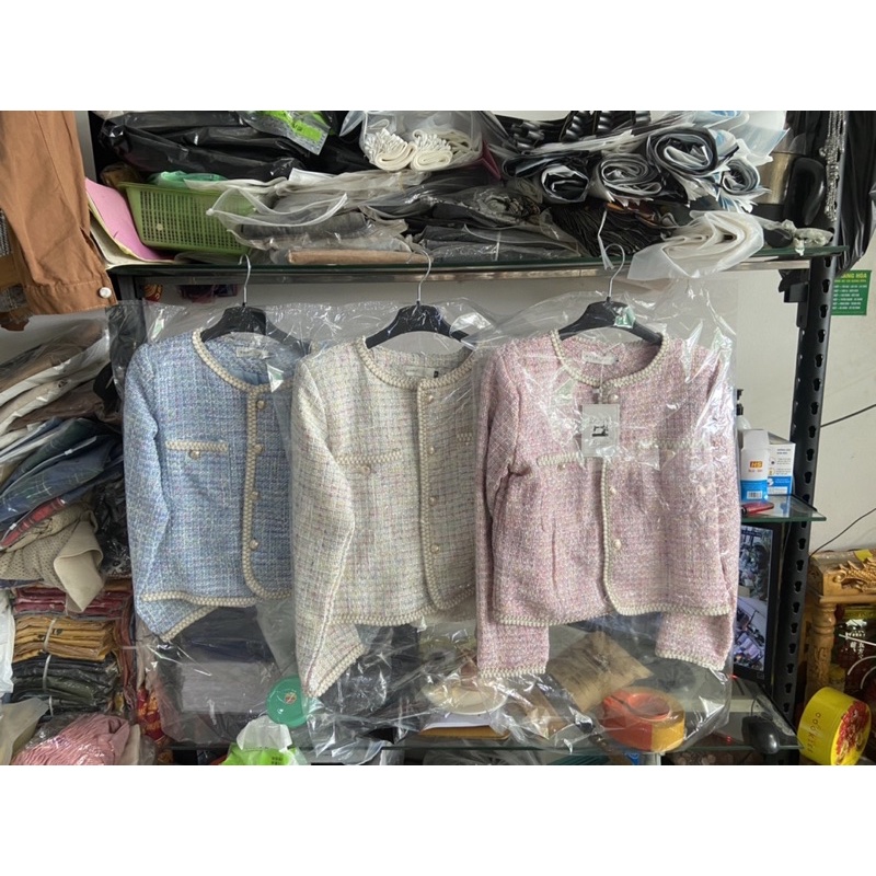 Áo khoác dạ tweed dáng ngắn viền phối có túi hai bên, áo dạ cầu vồng viền thừng