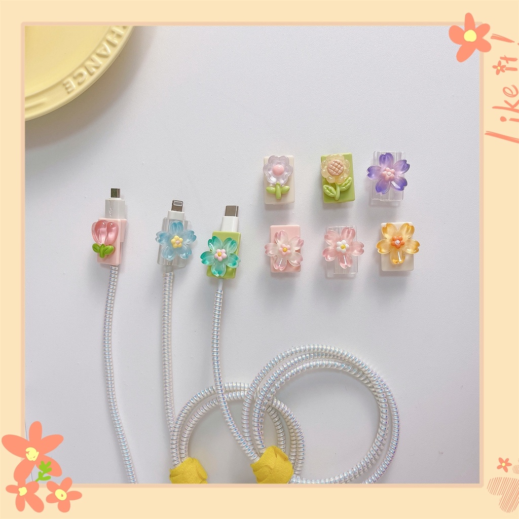 Vỏ Bọc Bảo Vệ Dây Cáp Sạc USB iphone / Android / TY- PC Bằng TPU Trong Suốt Họa Tiết Hoa Dễ Thương