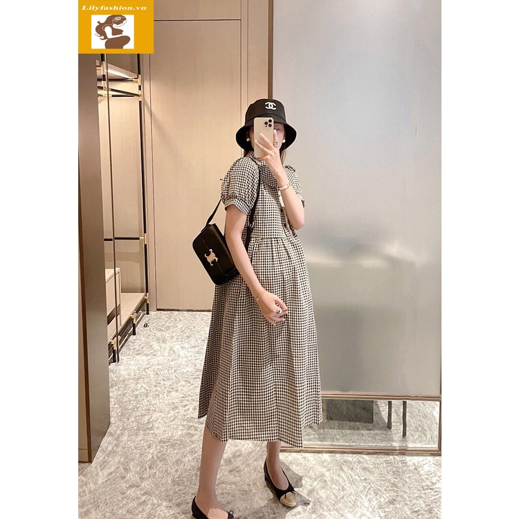 Váy đầm bầu kẻ caro sơmi thiết kế cho mẹ bầu công sở, dự tiệc phong cách trẻ trung lịch sự mới mùa hè.