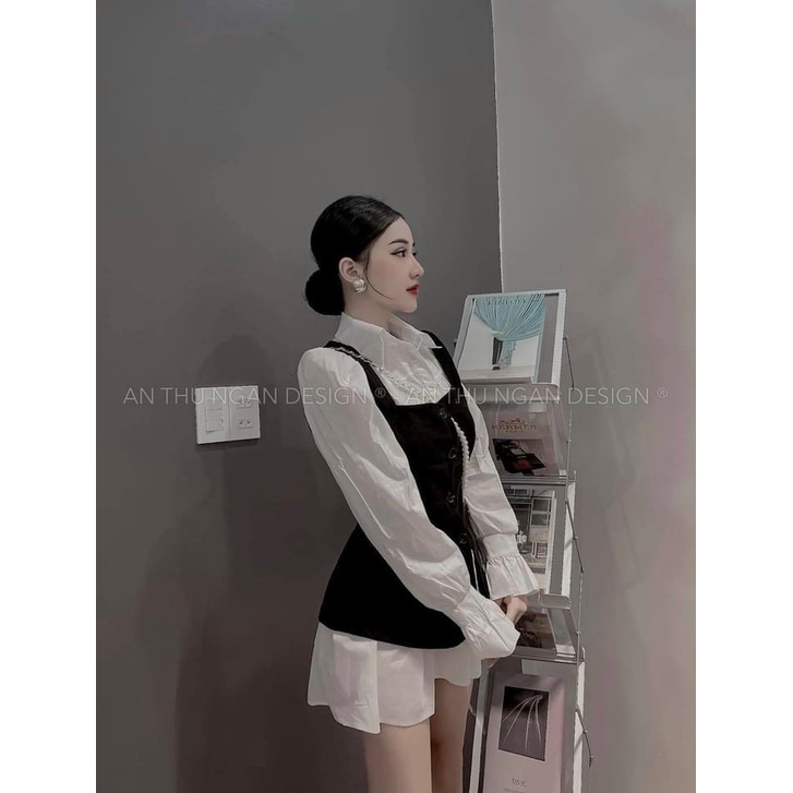 [11.11 Sale Freeship] Đầm tiểu thư nữ,set tuyết mưa đầm trắng dáng xòe cổ bẻ  dài tay kèm áo khoác ngoài đen cài khuy