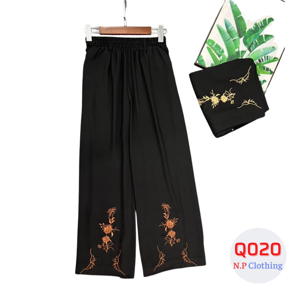 Quần Trung Niên Q010, Mẫu Quần Dài Nữ Thêu Hoa Trung Niên Ống Rộng Thoải Mái, Thời Trang Trung Niên