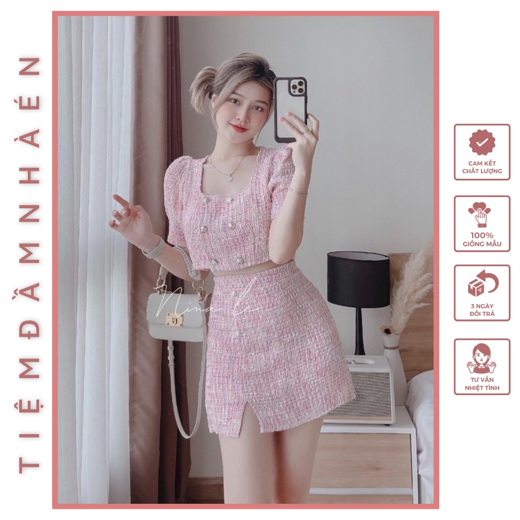 Set dạ hồng nữ áo croptop cổ vuông tay phồng đính nút ngọc và chân váy chữ A xẻ tà