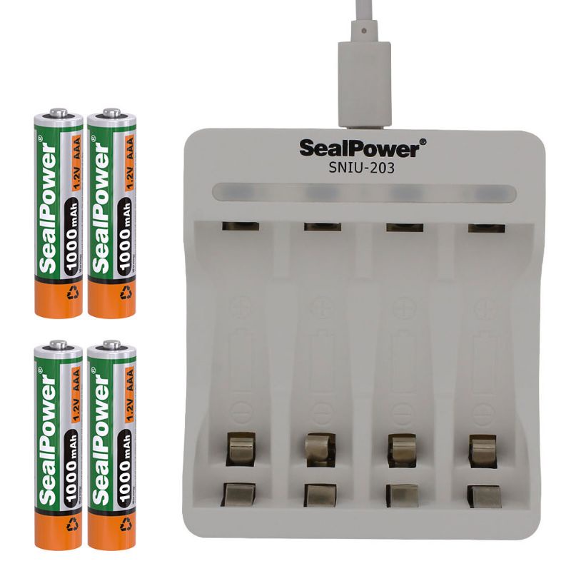 Máy sạc SealPower SNIU-203 kèm pin tiểu sạc, pin đũa sạc ,AA 2400mAh/AAA 1000mAh, 2A/3A  4 kênh đa năng chính hãng.