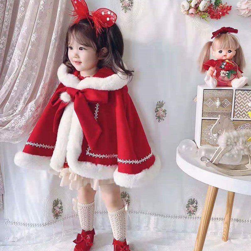 Áo Choàng Cói Lót Lông Cừu Màu Đỏ Phong Cách Công Chúa Thời Trang Thu Đông 2022 Dành Cho Bé Gái