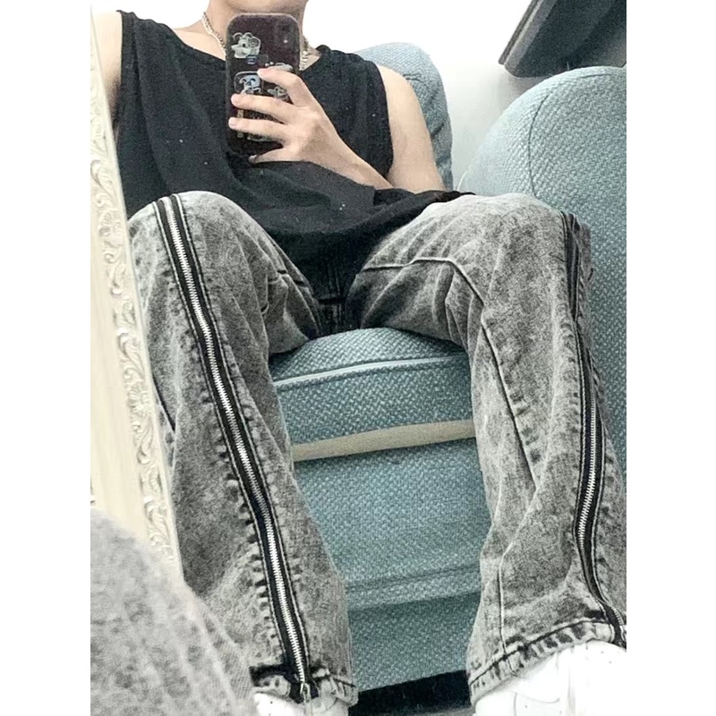 Quần jean form rộng unisex họa tiết zip dọc ống quần phối màu độc lạ phong cách đường phố