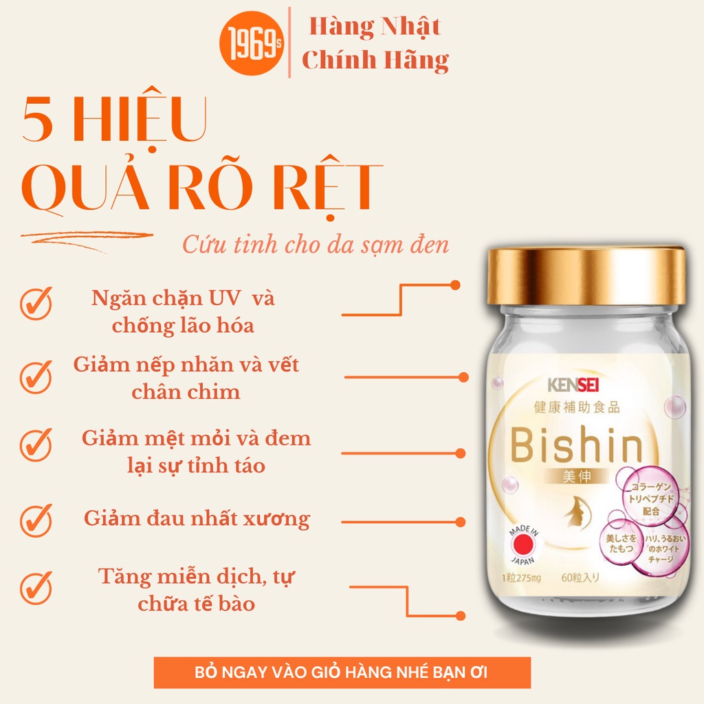 Viên uống Collagen Tripeptide Bishin Nhật Bản ngăn ngừa lão hóa, trắng sáng, mờ nám trẻ hóa da 60 viên - 1969s Việt Nam