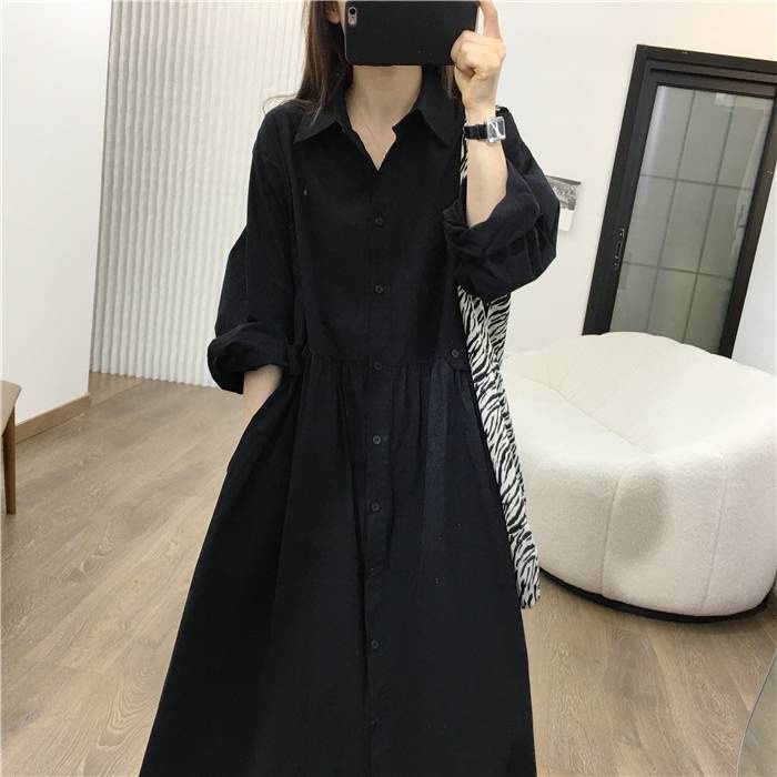 Váy babydoll Đầm Dài Qua Gối Dáng Rộng Lưng Cao Phong Cách Hepburn Hàn Quốc Thời Trang Mùa Thu Cho Nữ