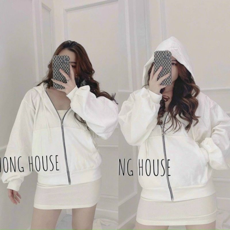 Áo khoác nỉ nữ có dây kéo form rộng nón 2 lớp thời trang cao cấp, mẫu hoodie trơn tay phồng thời trang thu đông