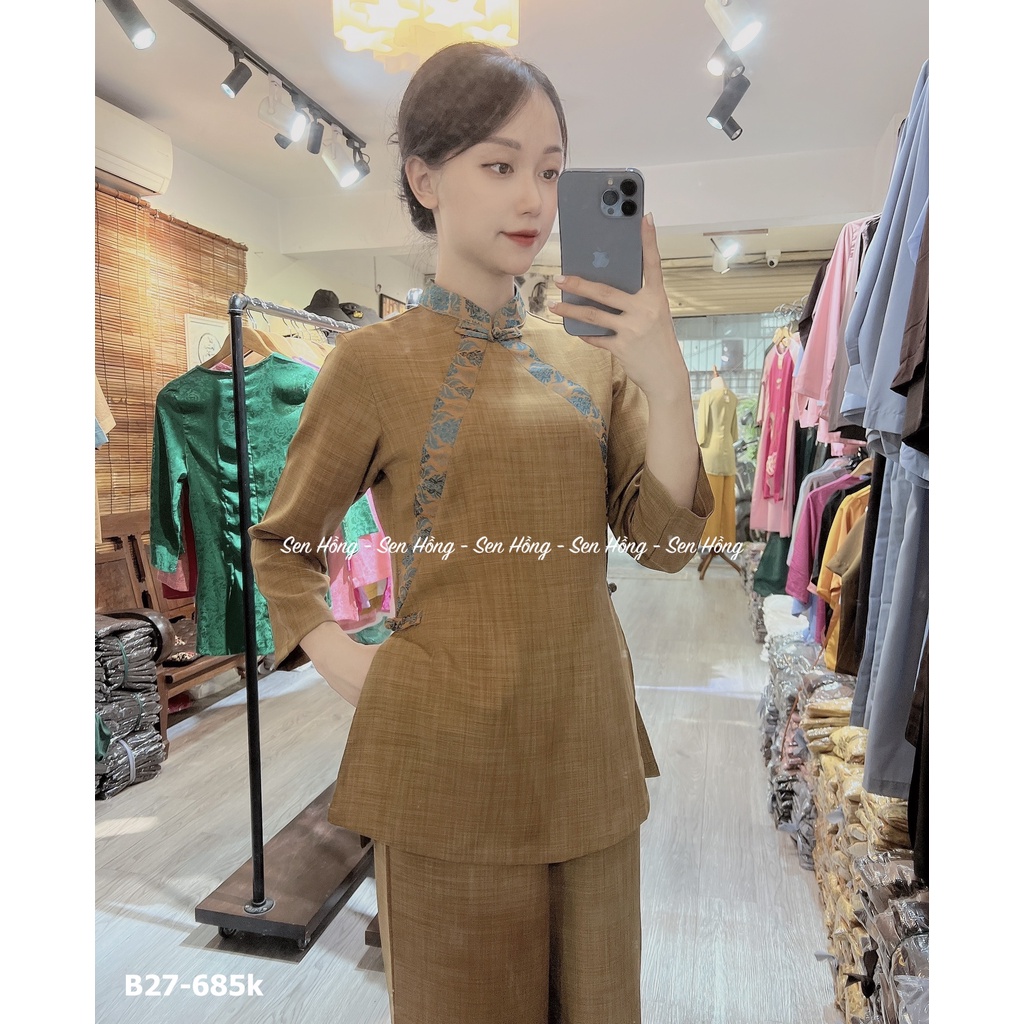 ĐỒ LAM ĐI CHÙA THIẾT KẾ - pháp phục nữ vải Linen Hàn cao cấp phối gấm Thái Tuấn - quần áo Phật tử B27