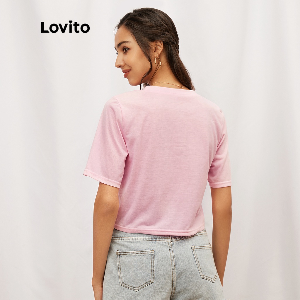 Áo thun Lovito dáng ngắn tay ngắn cổ tròn màu trơn họa tiết rau củ quả dễ thương L19D130 (Màu hồng)