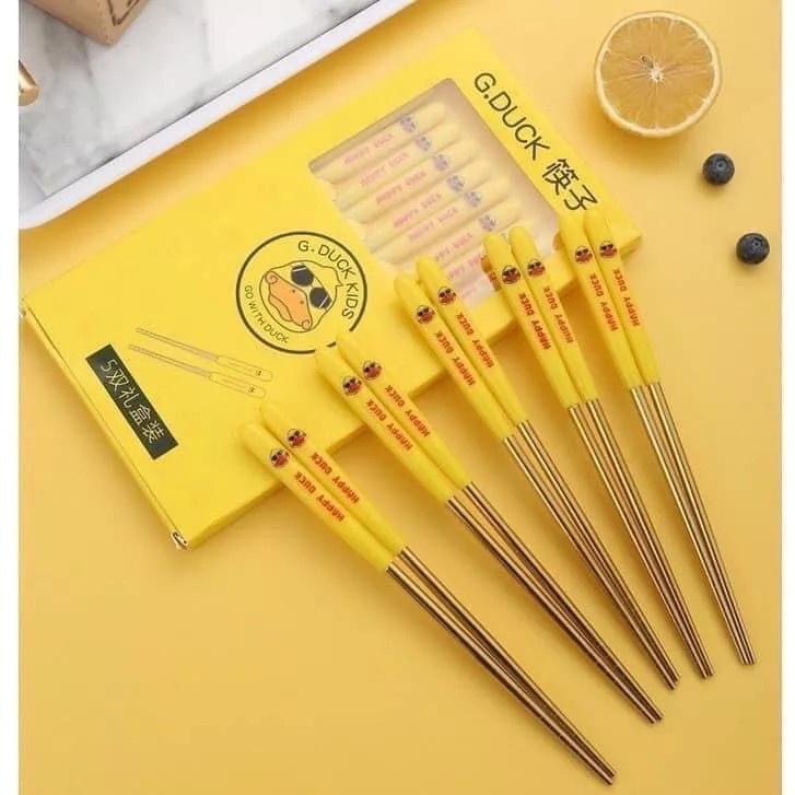 Bộ 5 Đôi Đũa Hình Vịt Vàng Bằng Hợp Kim Cao Cấp Chống Trượt / Nấm Mốc Tiện Dụng Cho Gia Đinh cao cấp