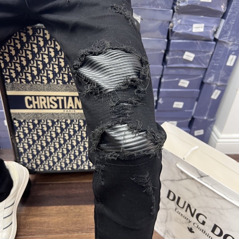 Quần Jean Dài Nam Màu Đen Rách Vá Da Phong Cách Thời Trang Cao Cấp