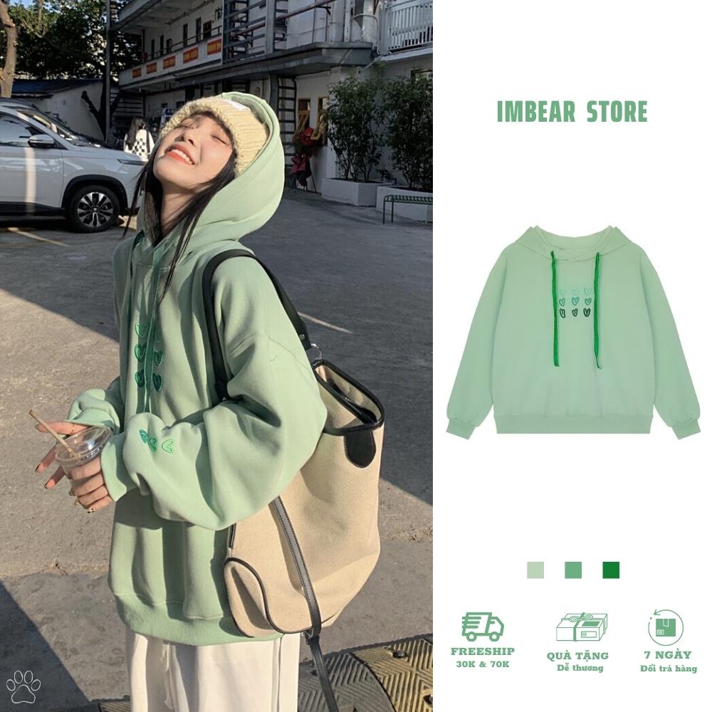 Áo khoác hoodie nữ from rộng thêu họa tiết trái tim chất nỉ không xù áo hoodie nữ có mũ dày dặn IMBEAR STORE