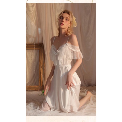 set choàng váy ngủ lụa pha ren dáng dài tiểu thư